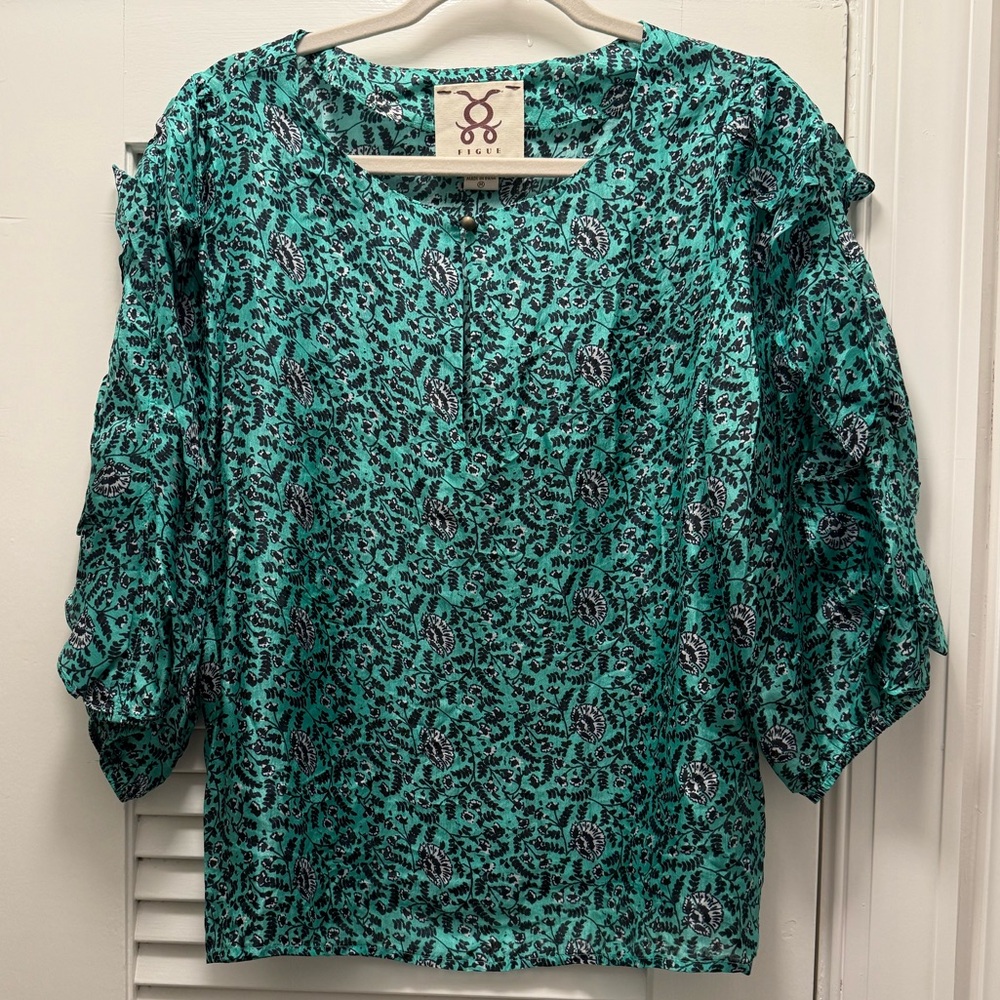 Figue Teal Black & White Patterned Top